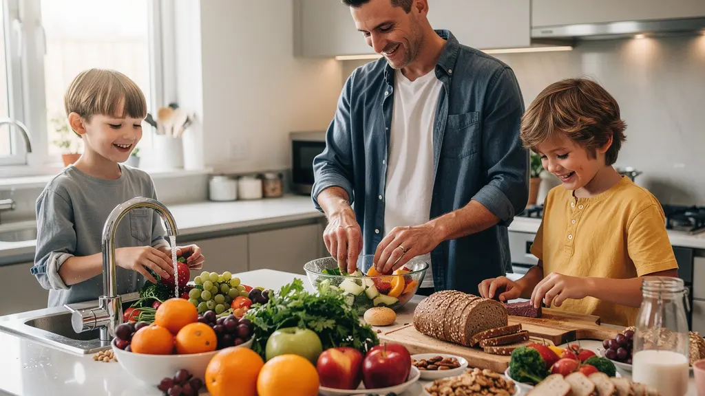 Family meal preparation scene with children helping prepare colorful nutritious foods in a bright modern kitchen