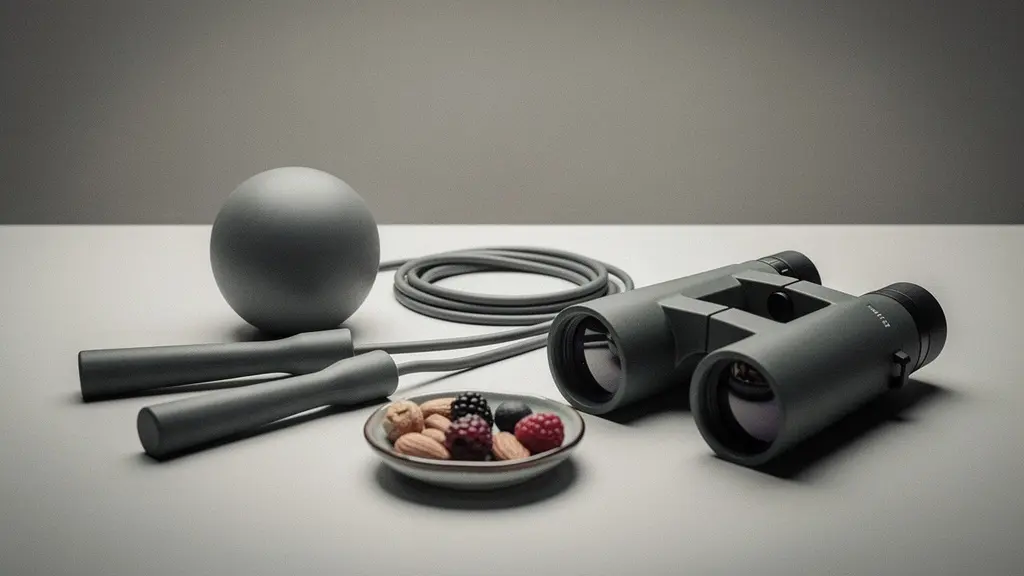 A symbolic still life shows a ball, jump rope, and binoculars arranged in a balanced composition, representing varied leisure activities that train different visual skills.