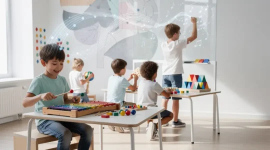 Bilingual children engaged in music learning activities showing brain development visualization