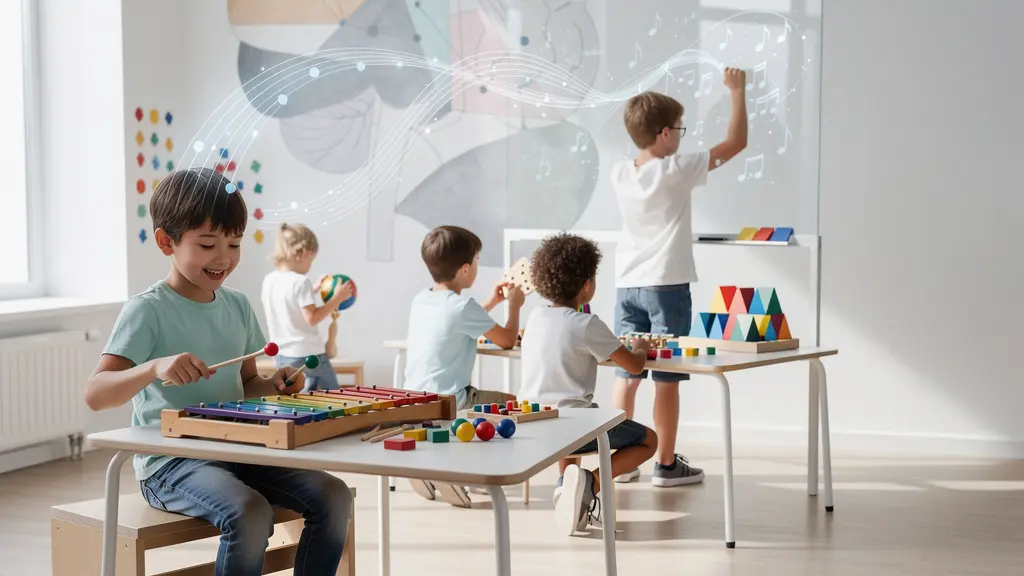 Bilingual children engaged in music learning activities showing brain development visualization