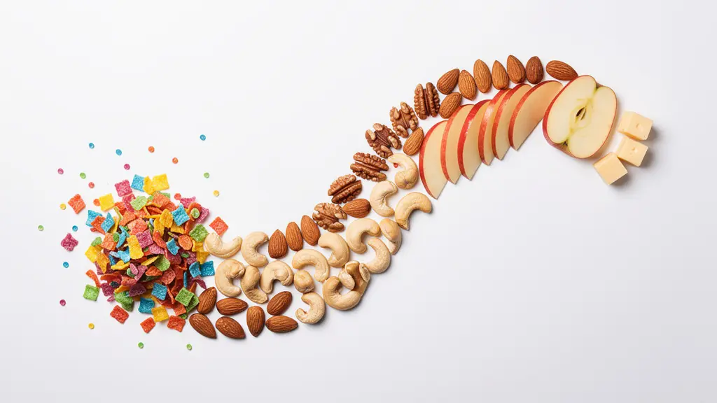 Abstract visualization of a stable blood sugar curve made of healthy foods versus a spiky curve made of sugary foods.