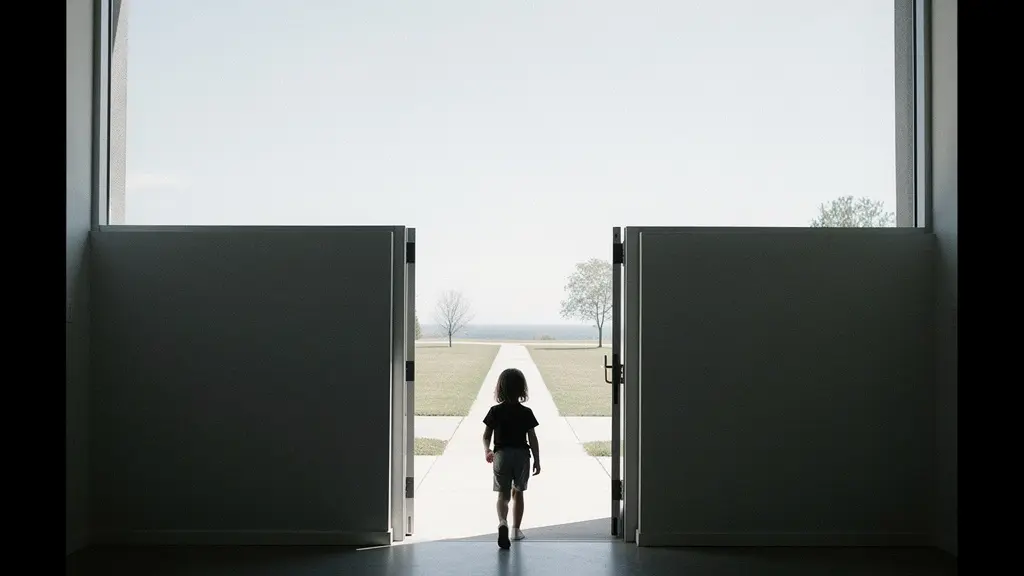 A child steps from a dim hallway into bright outdoor daylight, with strong contrast emphasizing how much brighter outside light is than indoors.