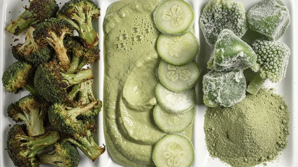 Multiple preparations of broccoli showing different textures on a sectioned plate