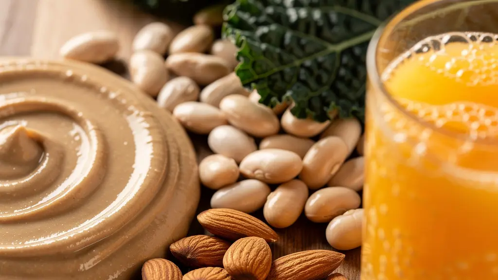 Variety of non-dairy calcium-rich foods arranged on a wooden surface, including kale, almonds, and white beans.