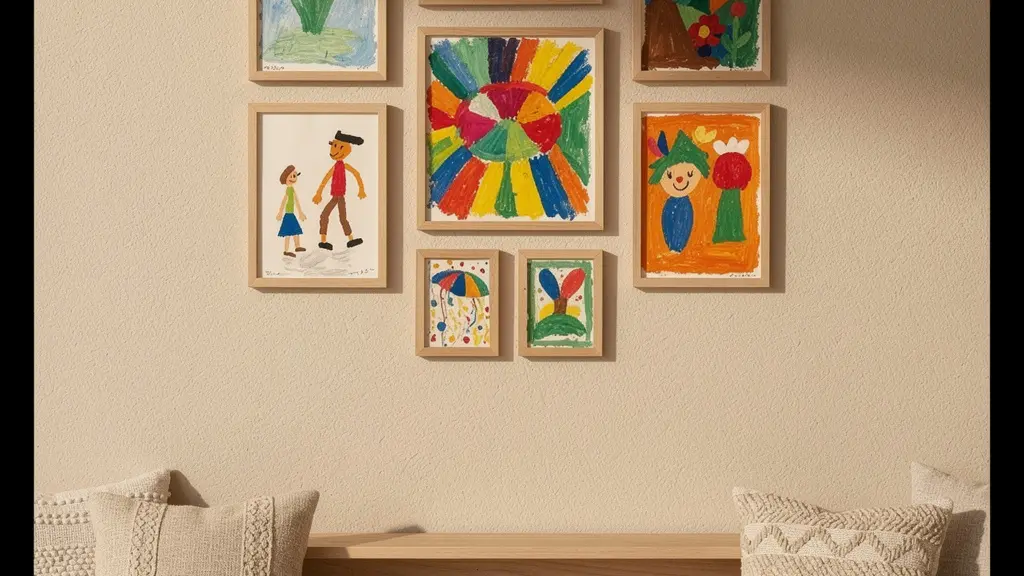 Child's colorful drawings displayed on neutral wall creating visual focal point