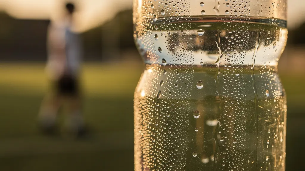 Young athlete drinking water from a clear bottle after sports practice on a sunny field