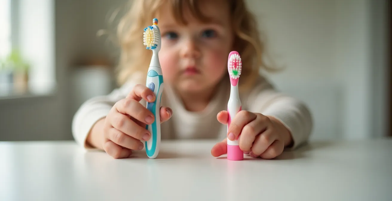 Four-year-old child examining colorful toothbrush options on bathroom counter