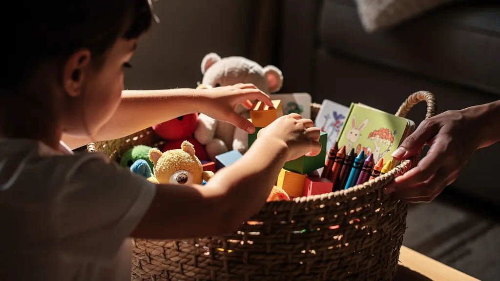 Toddler selecting activity from quiet time basket while parent guides with positive expression