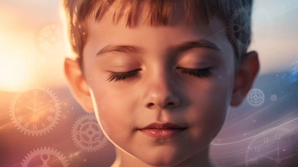 A child's face with eyes closed, surrounded by abstract clock gears and light patterns representing different times of day.