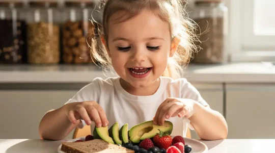 Young child happily eating colorful foods rich in omega-3 fatty acids at a bright kitchen table