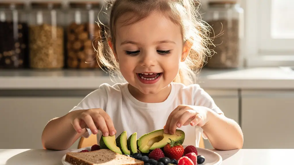 Young child happily eating colorful foods rich in omega-3 fatty acids at a bright kitchen table
