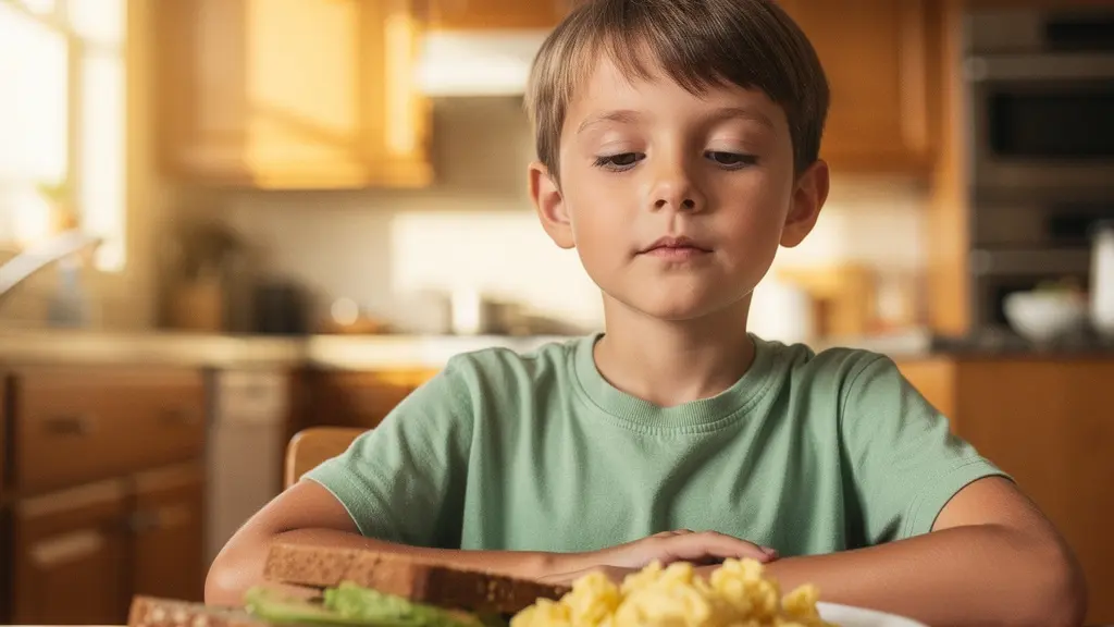 A child sitting calmly at a table in warm morning light, focused and engaged, with a balanced protein-rich breakfast visible nearby.