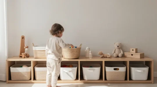 Child independently reaching for toys on low shelves in organized playroom