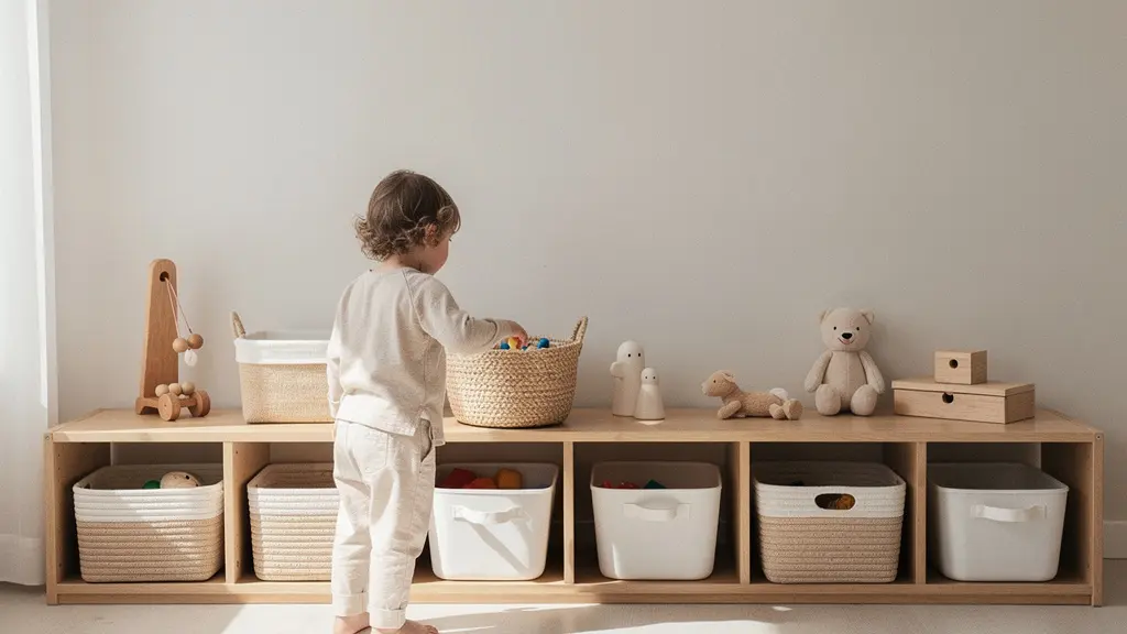 Child independently reaching for toys on low shelves in organized playroom