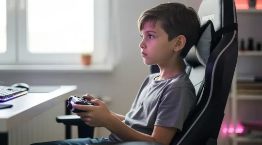 A child holding a game controller pauses near a bright window, resting their eyes while the room behind them stays softly out of focus.