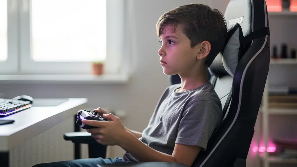 A child holding a game controller pauses near a bright window, resting their eyes while the room behind them stays softly out of focus.