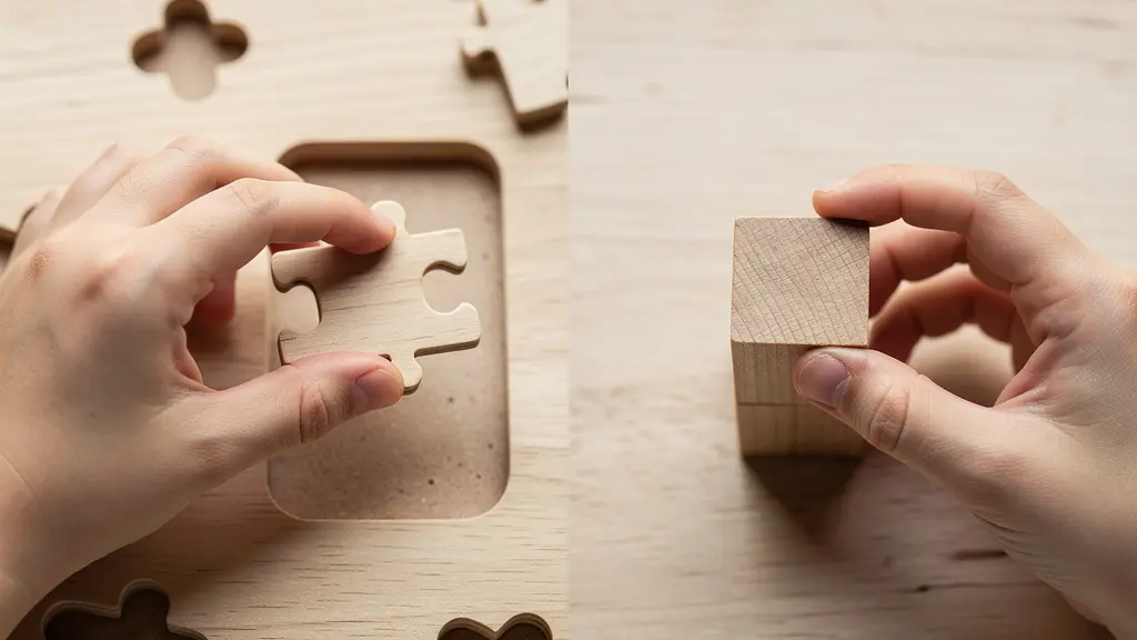 Close-up of child's hands working with wooden blocks and puzzles demonstrating different spatial skills