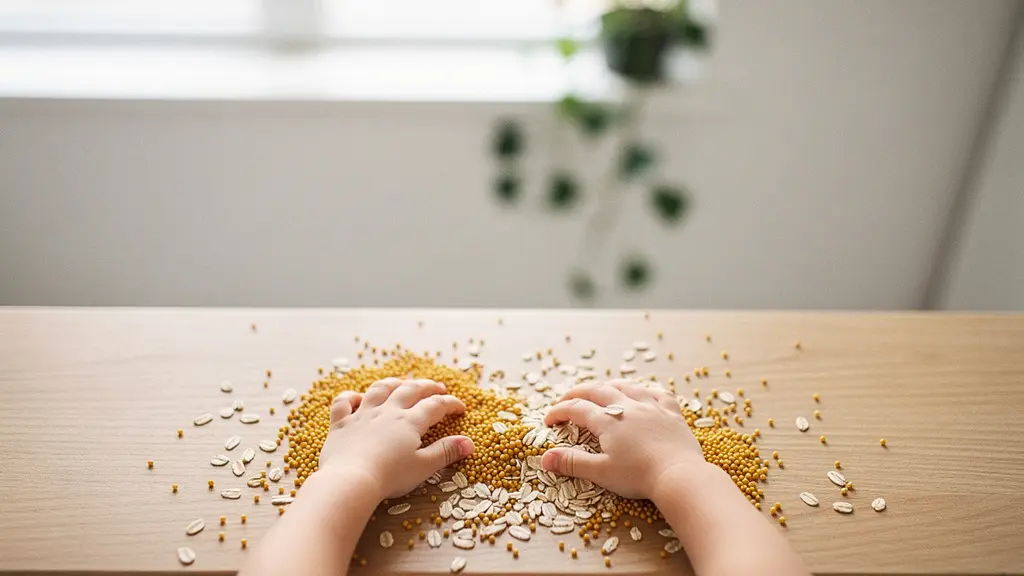 Small child's hands gently touching and exploring scattered grains and seeds on a wooden table in a calm, bright environment