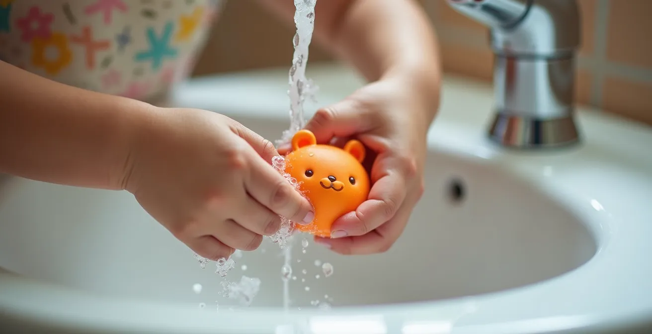 Close-up of child using colorful nail brush at sink