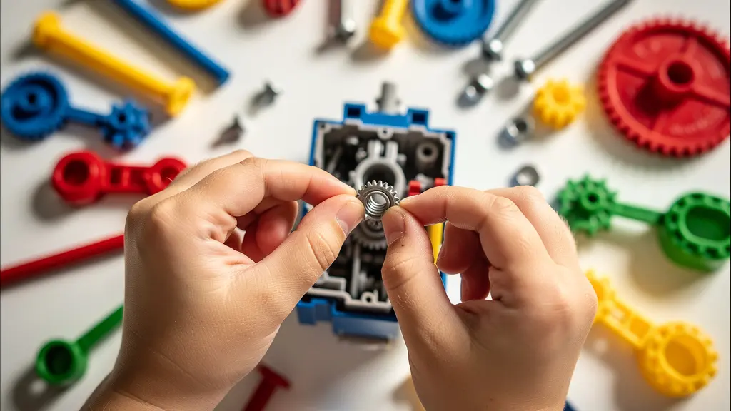 A child examining broken toy pieces with focused curiosity, embodying the spirit of investigation.