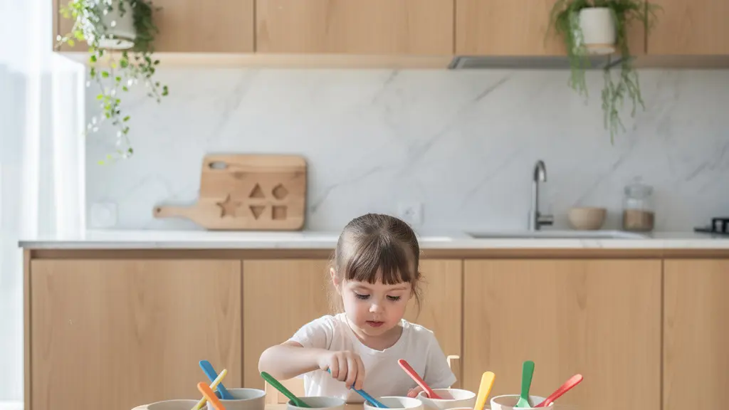 Child engaged in memory activities using kitchen items