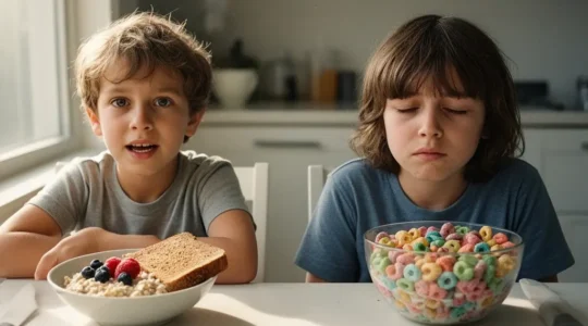 Children at breakfast table with whole grain and sugary food choices