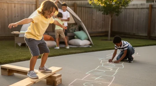 Children engaged in diverse physical activities in a sunny backyard setting