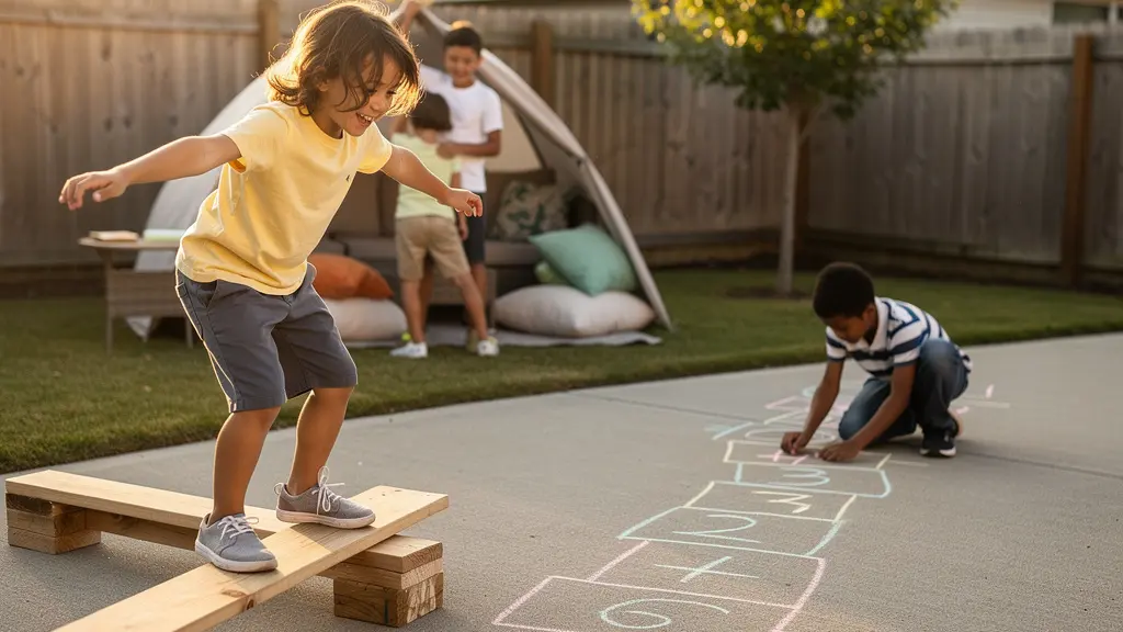 Children engaged in diverse physical activities in a sunny backyard setting