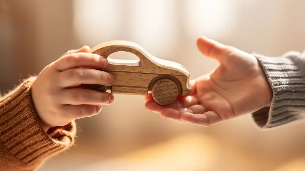 Close-up of child's hands gently offering a toy while another child's hands reach to receive it