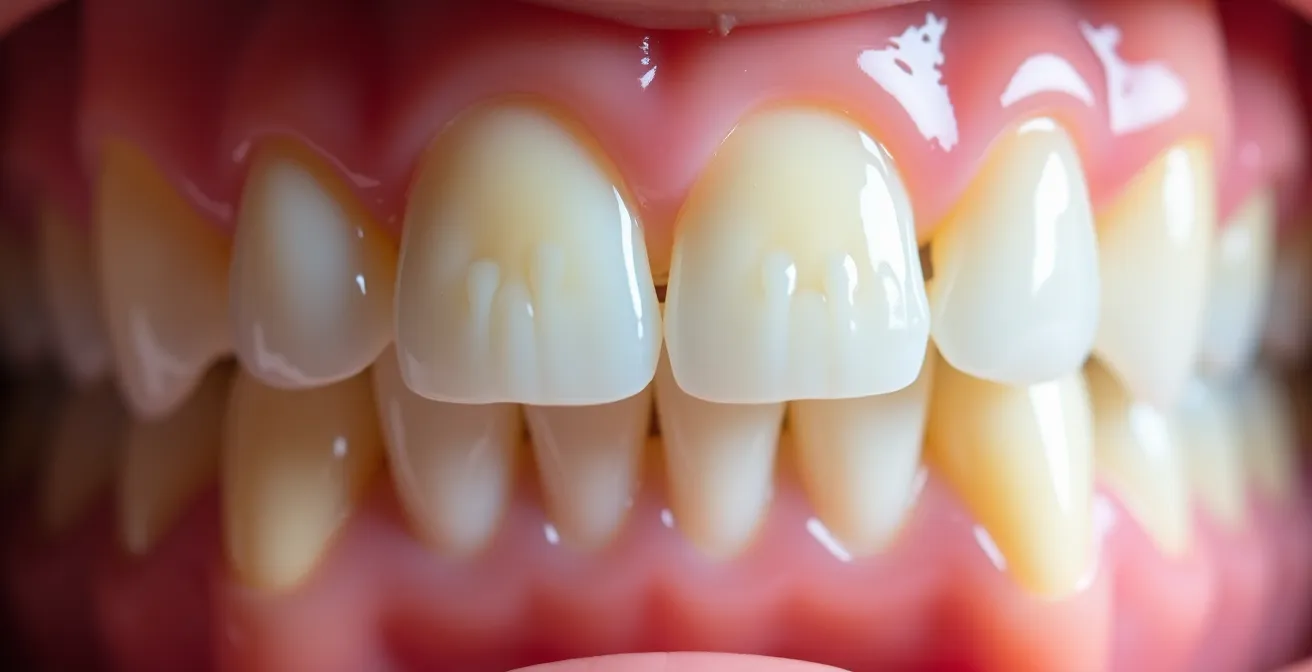 Detailed view of toddler's front teeth showing early demineralization spots