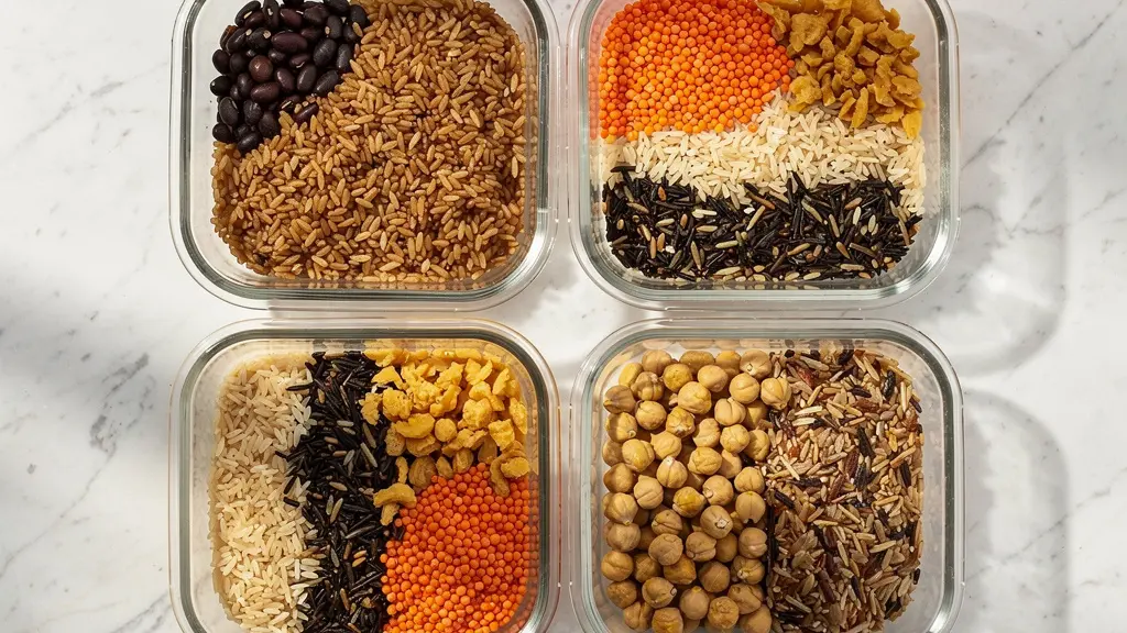 Overhead view of various rice and bean combinations in meal prep containers showing vibrant colors and textures