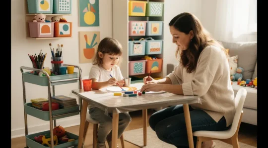 Parent and child engaged in creative play with contained art supplies on a rolling cart in a bright, organized small apartment corner