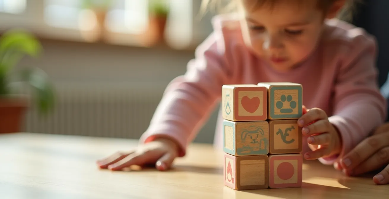 Close-up of child's hands precisely stacking colorful wooden blocks