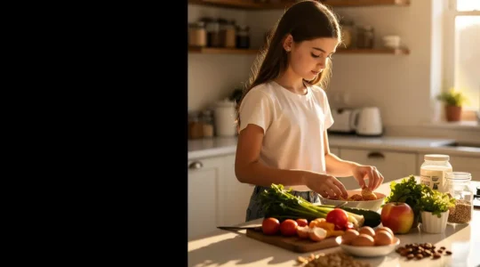 Teen girl in kitchen preparing nutritious breakfast with fresh ingredients