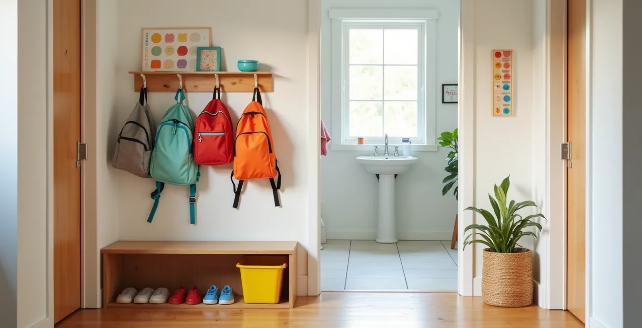 Home entryway showing organized landing strip leading to handwashing area