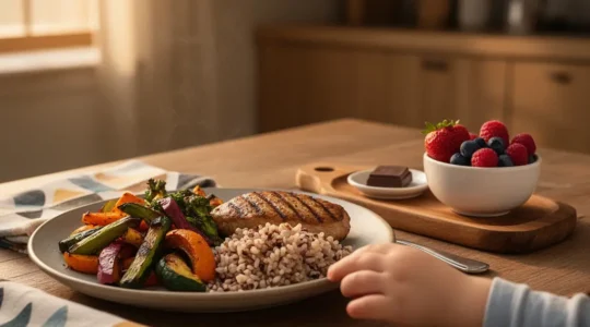 A warm family dinner scene with a balanced meal and a small dessert waiting at the end of the table, soft golden light illuminating the food.