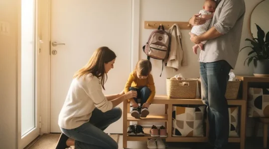 Family adjusting morning routines with toddler and newborn baby