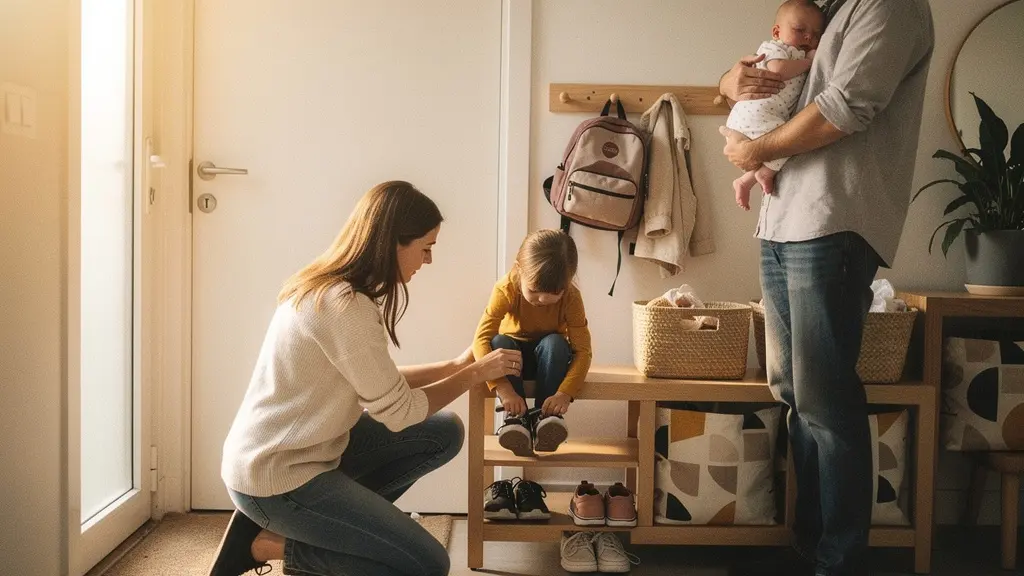 Family adjusting morning routines with toddler and newborn baby