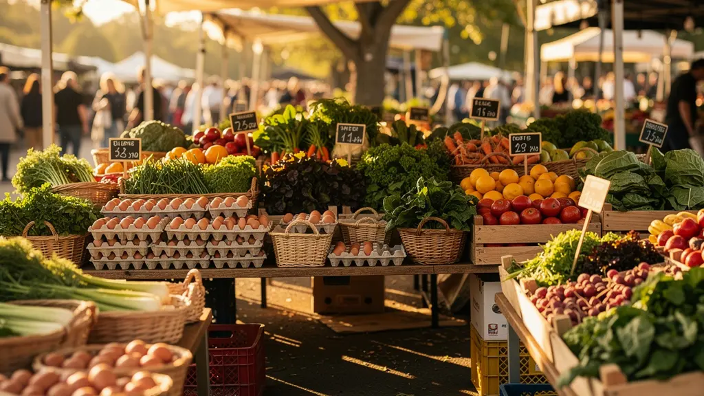 Wide shot of vibrant local farmers market with fresh produce displays in natural morning light