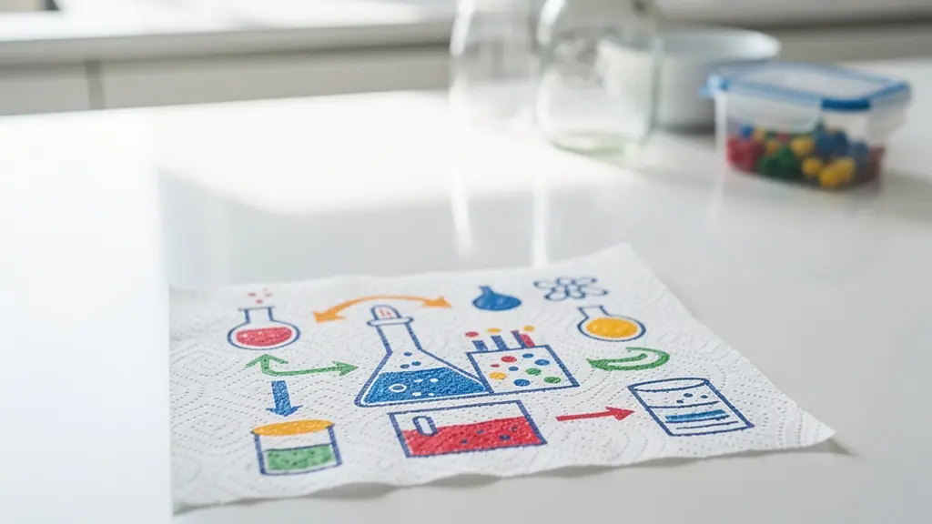 Child's colorful scientific drawings on paper towel showing experiment steps