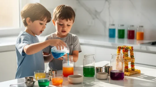 Children engaged in hands-on STEM experiments with kitchen ingredients in a bright, modern kitchen
