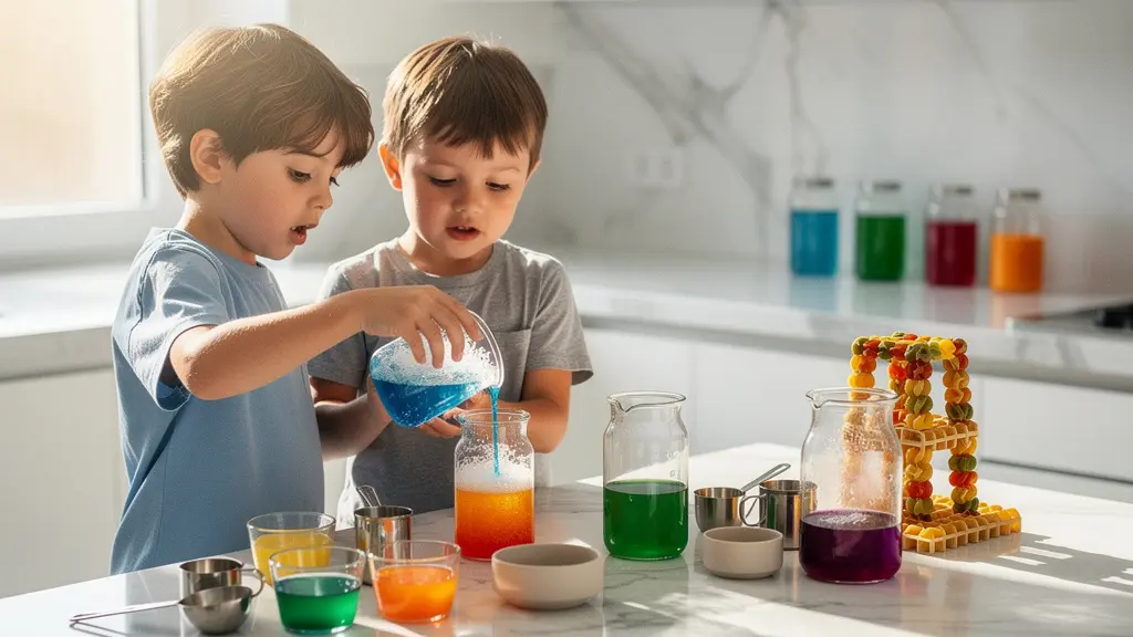 Children engaged in hands-on STEM experiments with kitchen ingredients in a bright, modern kitchen