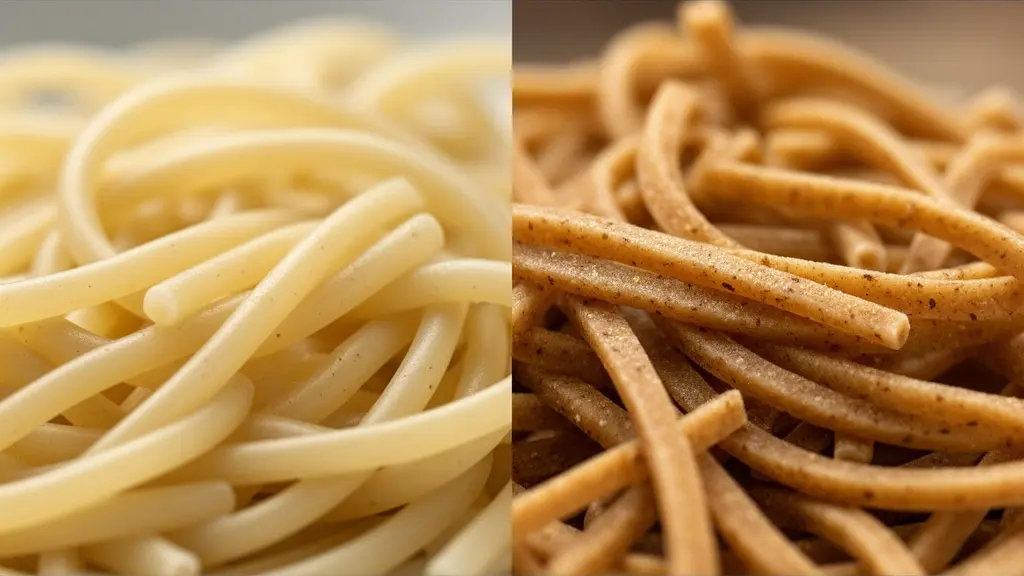 Extreme close-up comparison of whole wheat and white pasta textures