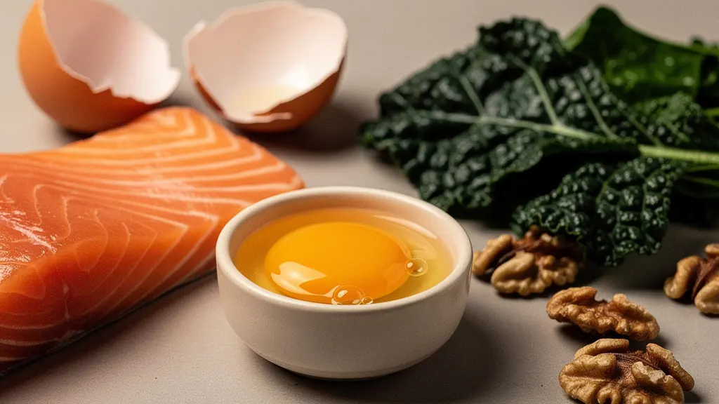 Macro close-up of a salmon fillet, dark leafy greens, and an egg yolk arranged on a neutral surface, emphasizing texture and natural color.