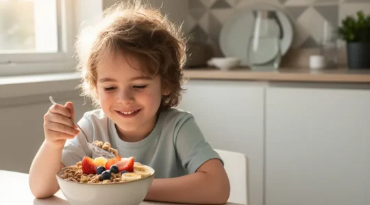 Child at breakfast table with fortified cereal bowl and various colorful foods