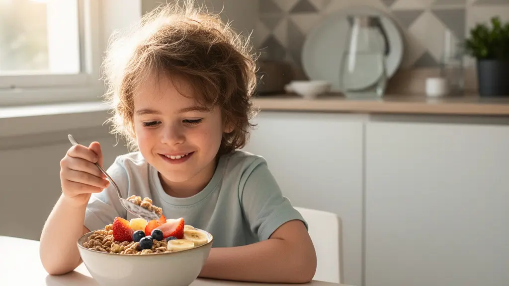 Child at breakfast table with fortified cereal bowl and various colorful foods