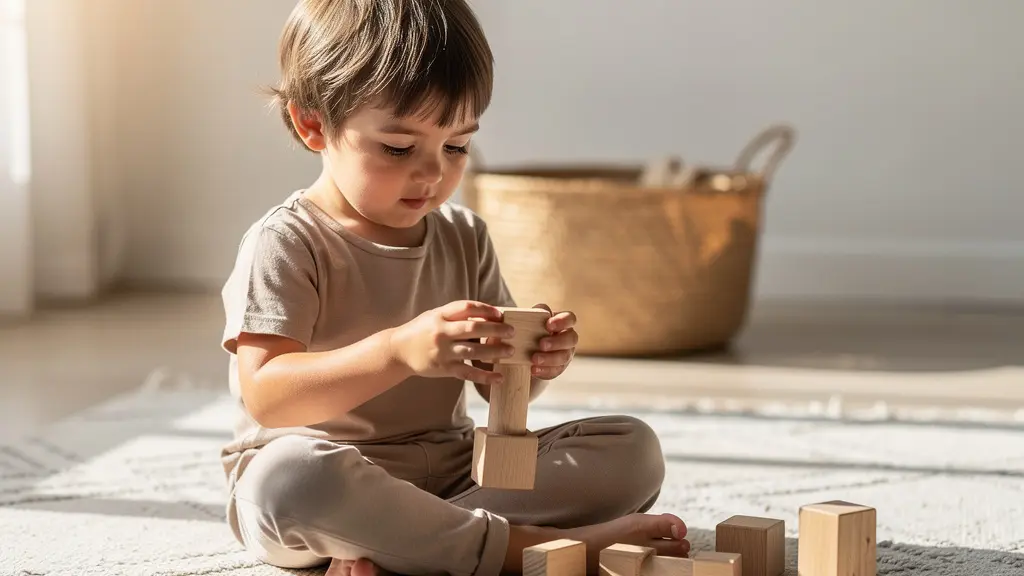 Child engaged with small curated selection of toys from rotation basket in calm space