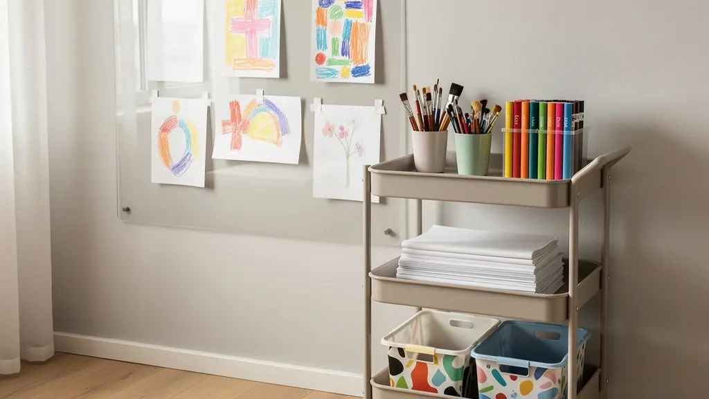 A multi-tiered rolling cart filled with organized art supplies positioned next to a wall with removable protective covering in a bright apartment
