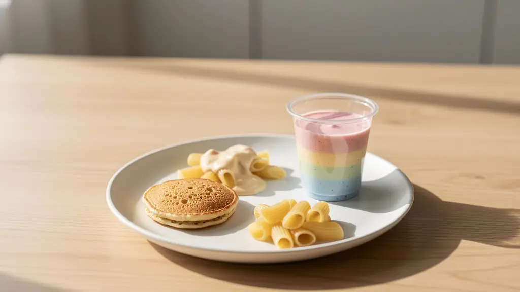 Small portion of fortified foods arranged appealingly on a child's plate