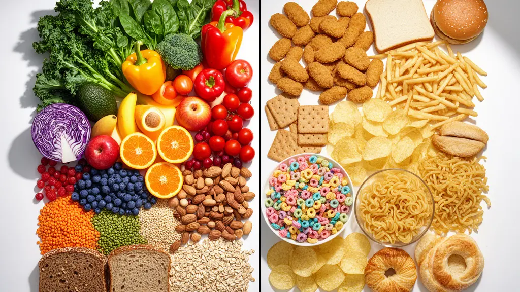 Visual comparison of colorful whole foods versus beige processed foods